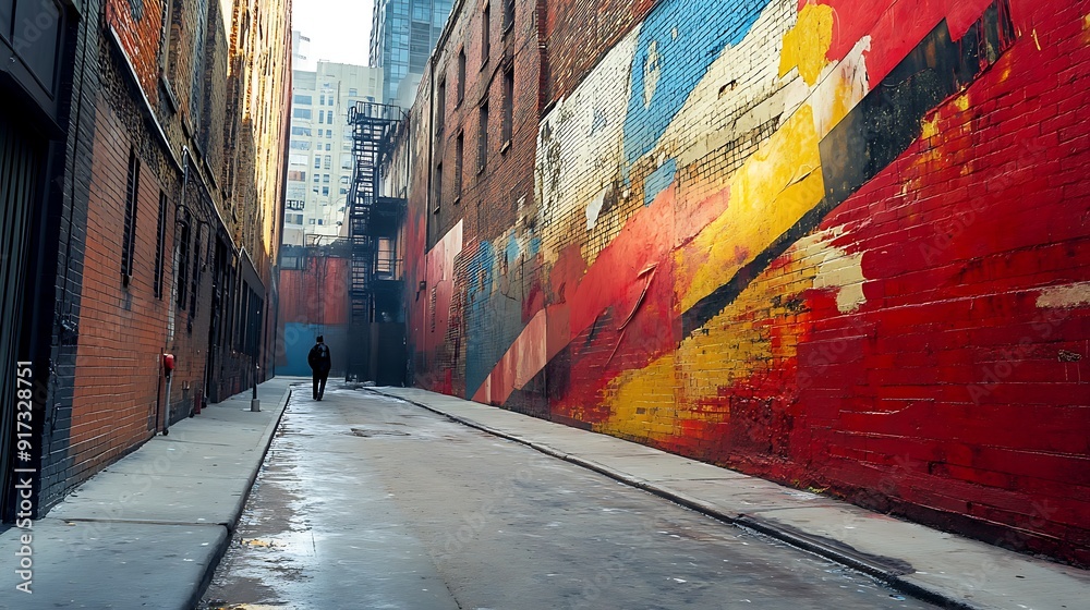 Fototapeta premium A lone figure walks down a narrow city alleyway with colorful graffiti on the walls.