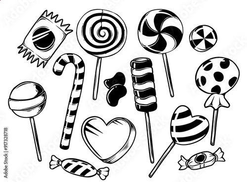candy set hand drawn vector illustration Includes lollipops, mints, butterscotch, candy corn, gum drops, and jelly beans, rapped candy.