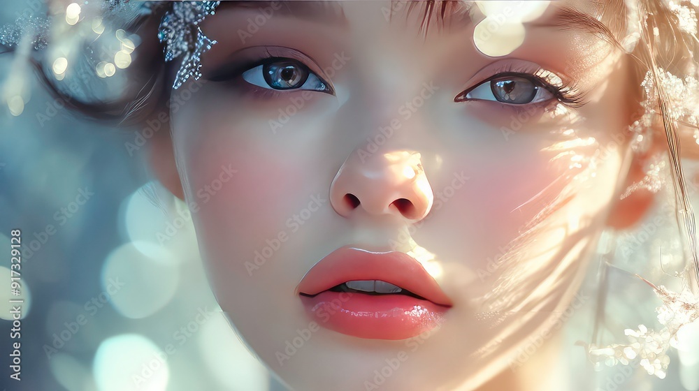 Close-up of a woman's face, with soft light reflecting on her skin and eyelashes. Her eyes are looking off-screen, and her lips are slightly parted. The background is blurred, Close-up of a woman's face, with soft light reflecting on her skin and eyelashes. Her eyes are looking off-screen, and her lips are slightly parted. The background is blurred,