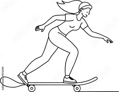 Line Art Illustration of Woman Skateboarding