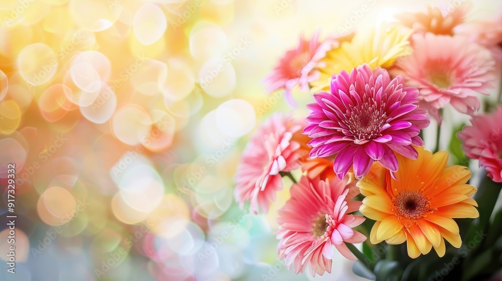 Fototapeta premium A vibrant bouquet of gerbera daisies displays a stunning array of colors, basking in the gentle glow of morning light, evoking joy and tranquility
