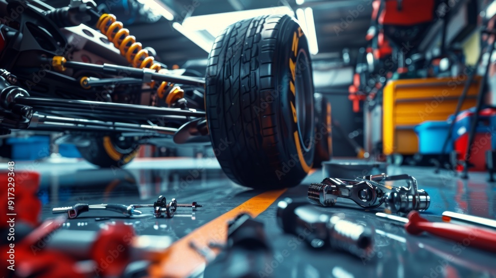Fototapeta premium Mechanic Adjusting Racing Car Suspension Components with Tools Scattered in a Workshop