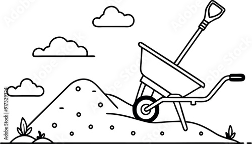 Outline Illustration of Wheelbarrow and Dirt Pile