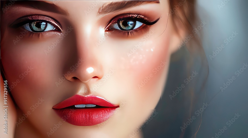 Close up portrait of a woman's face, featuring a focused gaze with intense eye makeup, and a bold red lipstick.