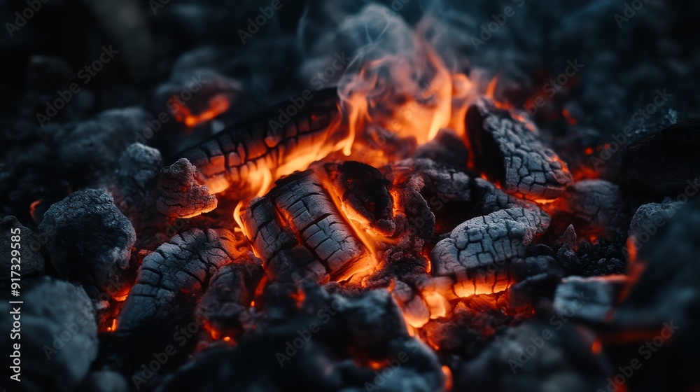 Burning embers and charcoal, close-up view Burning embers and charcoal, close-up view