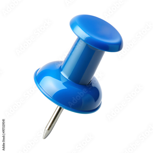 Blue thumbtack close-up, cut out transparent