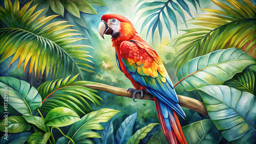 parrots perched jungle in a tree   Rainbow Parrot, bird, canvas art, art work, hand drawn, Vibrant Modern Oil Painting of a Rainbow Parrot: Hand-Drawn Colorful Canvas Art