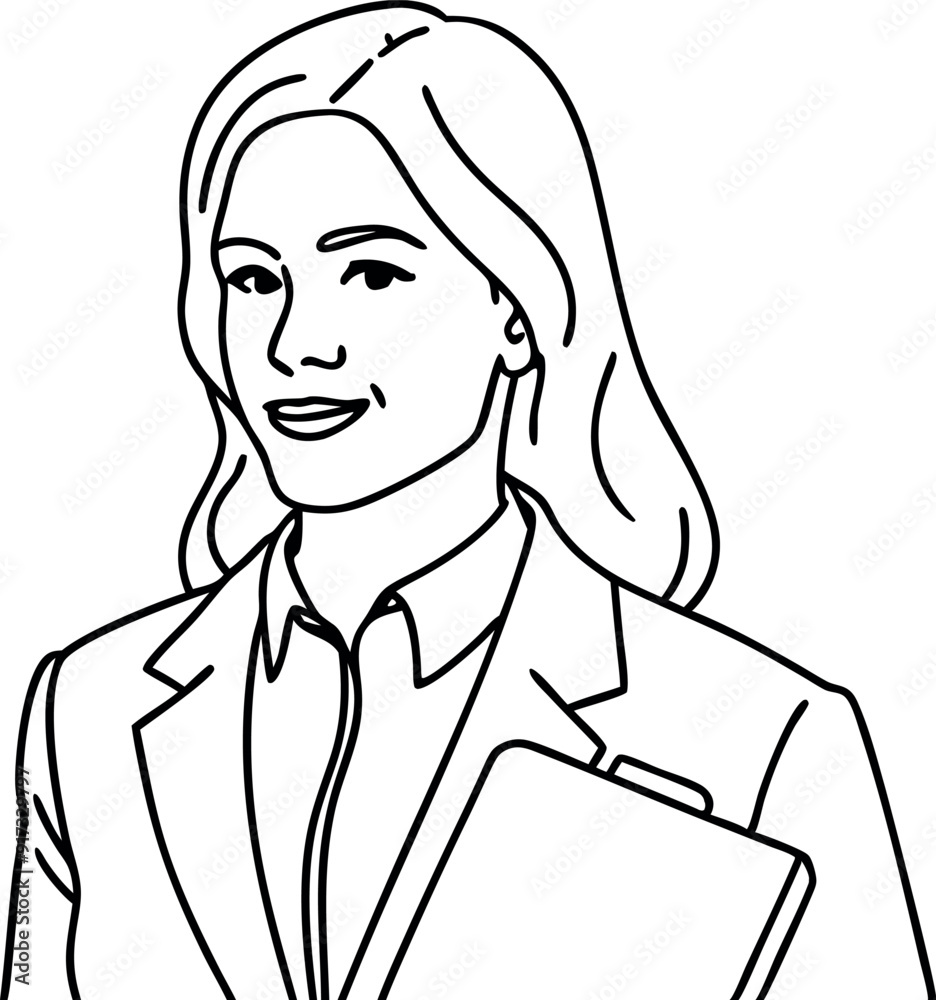 Black and White Line Drawing of a Businesswoman with Clipboard Black and White Line Drawing of a Businesswoman with Clipboard