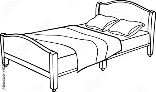Simple Black and White Bed Line Drawing Illustration