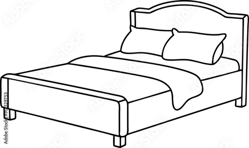 Line Art Illustration of Bed with Pillows and Blanket