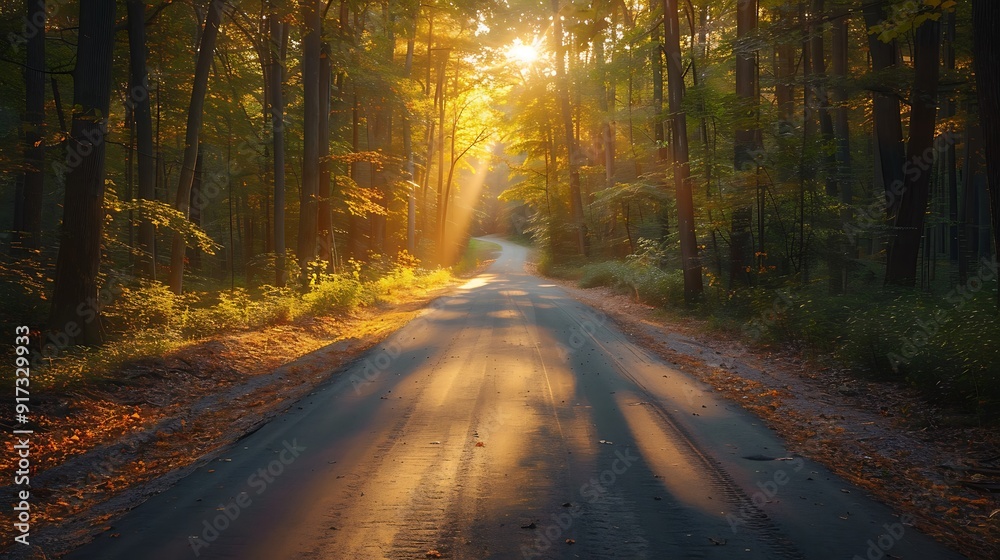 Fototapeta premium A drive bathed in the warm hues of the golden hour, with long shadows stretching across the path, the sunlight filtering through trees, creating a serene and inviting atmosphere, natural look,