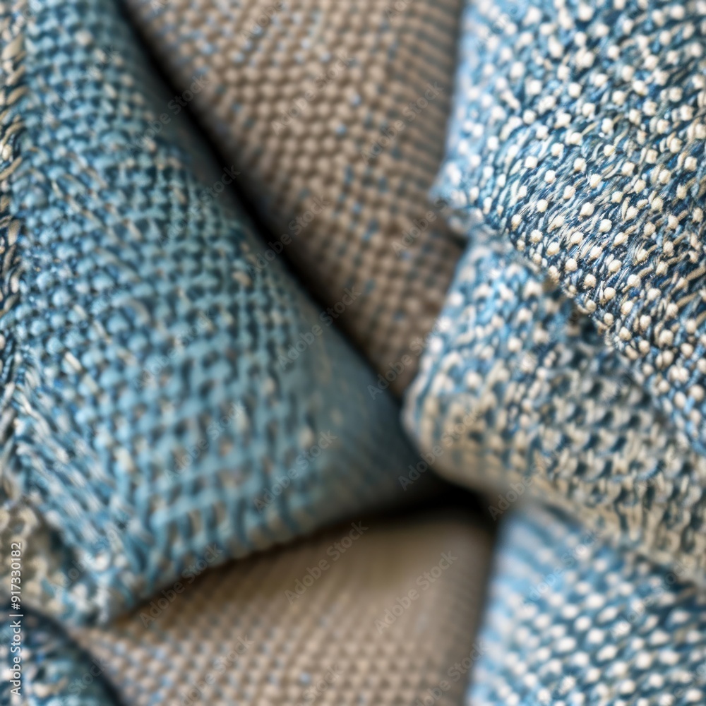 Close up of woven fabric textures in blue and beige. Close up of woven fabric textures in blue and beige.