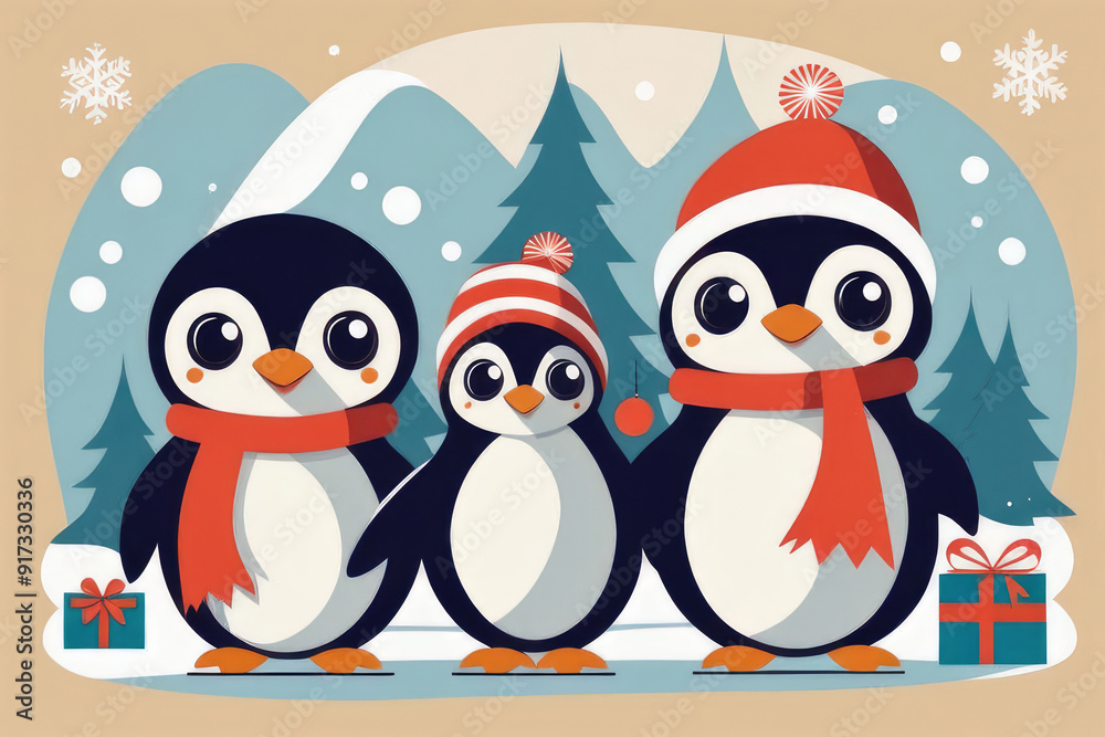 Obraz premium Retro aesthetic greeting card with cartoon character penguins, colorful confetti and Christmas snow scene.