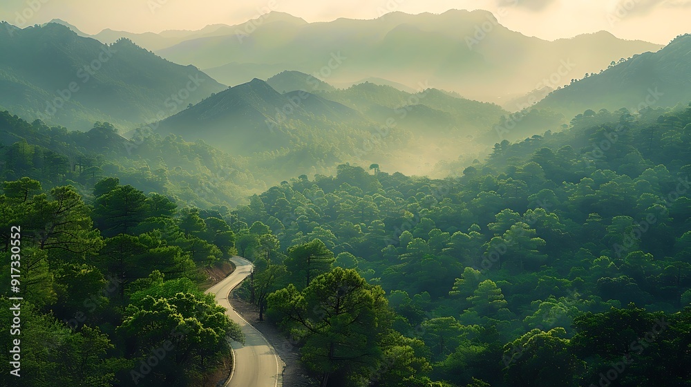 Fototapeta premium A magical mountain drive, the road winding through dense forests with trees arching overhead, the rugged mountains in the background,