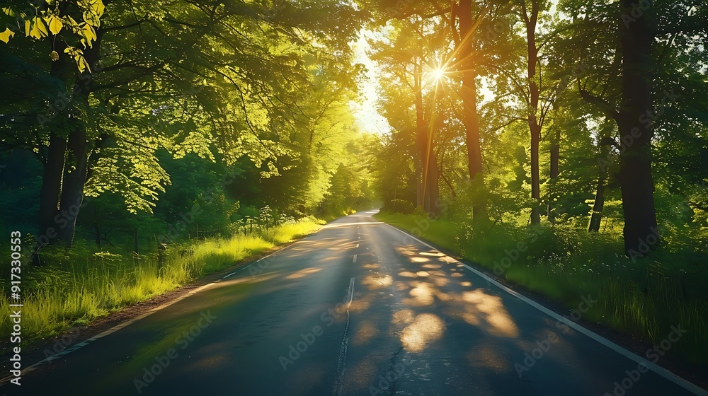 Obraz premium A magical summer drive, the road surrounded by lush green trees, dappled sunlight creating a vibrant and lively atmosphere, the bright foliage adding to the charm, natural look, hd quality.