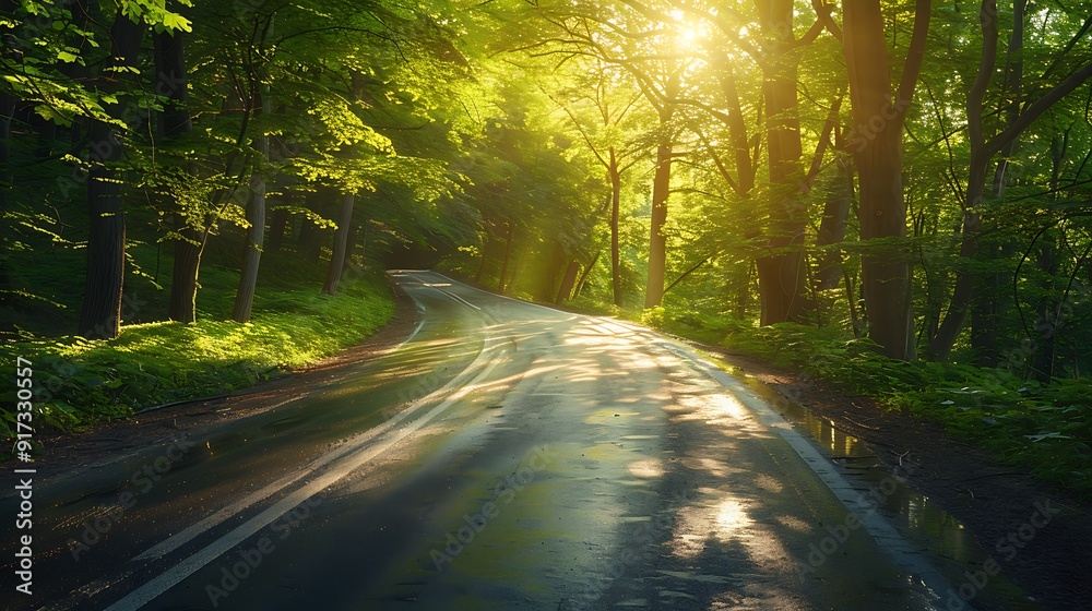 Obraz premium A magical summer solstice drive, the road surrounded by lush green trees, dappled sunlight creating a vibrant and inviting atmosphere, the bright foliage adding to the charm, natural look, hd quality.