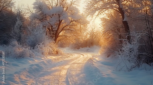 A magical winter drive, the path winding through a snowy landscape, trees heavy with snow, the soft light of the setting sun casting a warm glow on the frosty scene, natural look, hd quality. photo