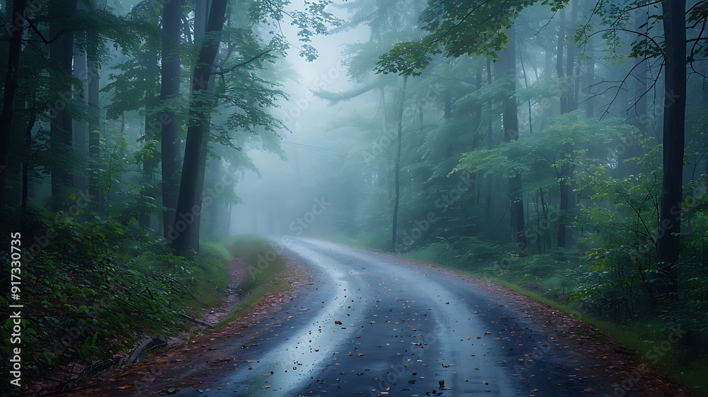 Obraz premium A misty morning drive through a dense forest, the road barely visible through the fog, dew sparkling on the leaves, the soft light of dawn casting a gentle glow,
