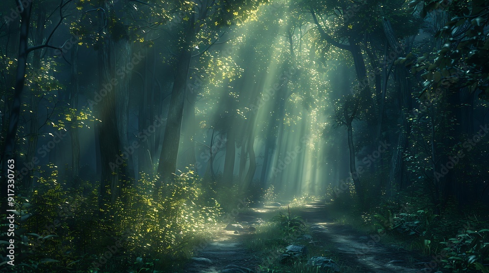 Fototapeta premium A mystical forest drive, the path bathed in beams of light piercing the dense canopy, the soft glow creating a serene and magical scene, natural look, hd quality. --ar 16:9 --v 6.0 --s 250 --style raw