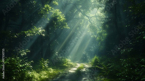 A mystical path through a dense forest, with rays of light piercing through the canopy, creating an ethereal and enchanting atmosphere, the path winding gently, natural look, hd quality.