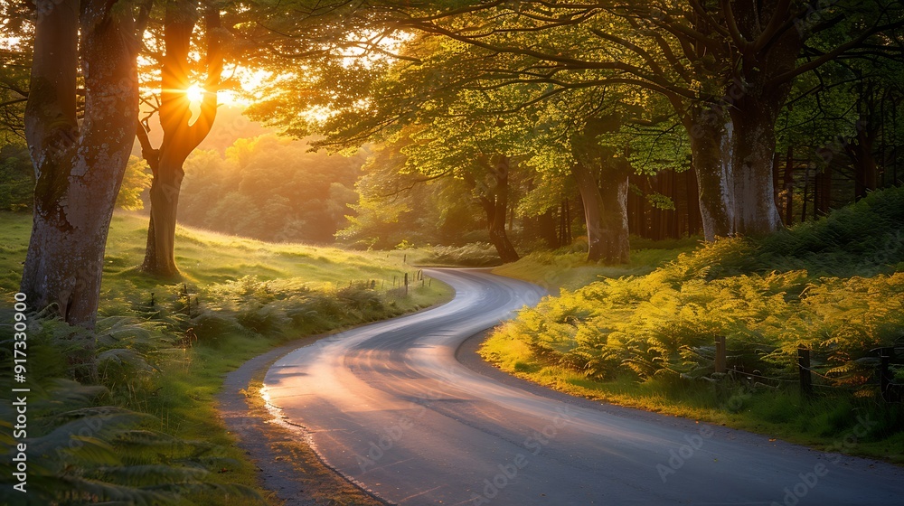Obraz premium A peaceful drive during the golden hour, with the road flanked by trees, the warm, golden light casting long shadows and creating a serene and inviting atmosphere, natural look, hd quality.