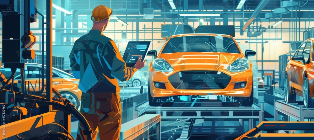 Automobile Engineer Using Digital Tablet at Modern Car Assembly Line in Busy Factory Automobile Engineer Using Digital Tablet at Modern Car Assembly Line in Busy Factory