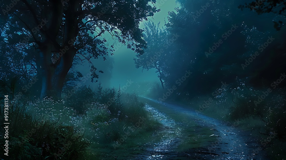 Fototapeta premium A peaceful night drive through a forest, the path bathed in the soft glow of moonlight filtering through the trees, creating a serene and mystical atmosphere,