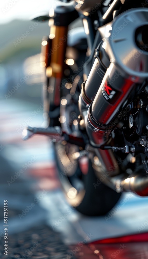 Close-up of Motorcycle Suspension System with Mechanical Parts on Race Track for Detailed Automotive Design Close-up of Motorcycle Suspension System with Mechanical Parts on Race Track for Detailed Automotive Design
