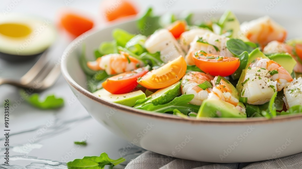 A colorful seafood salad with crab leg meat, fresh greens, avocado, and cherry tomatoes. A colorful seafood salad with crab leg meat, fresh greens, avocado, and cherry tomatoes.