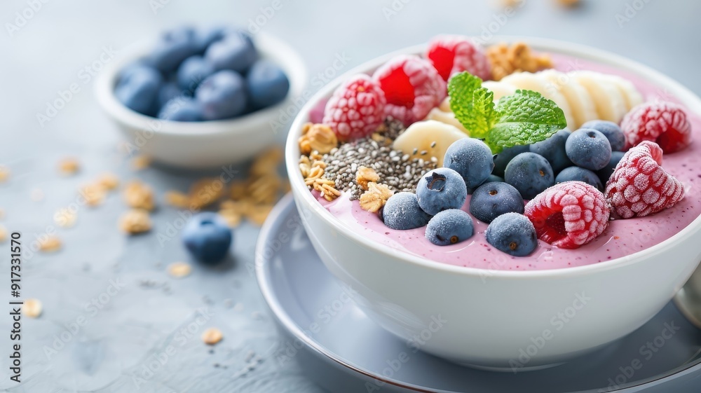 A vibrant smoothie bowl overflowing with blueberries, raspberries, and bananas. A vibrant smoothie bowl overflowing with blueberries, raspberries, and bananas.