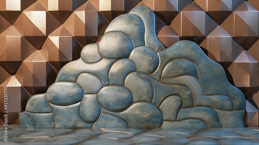 Fototapeta premium 3D Tiles arranged to create a Blue Patina wall. Textured, Triangular Background formed from Polished blocks. 3D Render