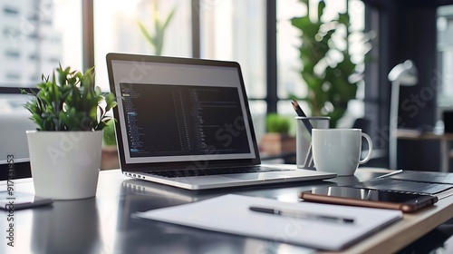 A stylish desk with a high-end laptop, a notepad with a business plan, and a cup of coffee, all placed on a modern desk with clean lines.