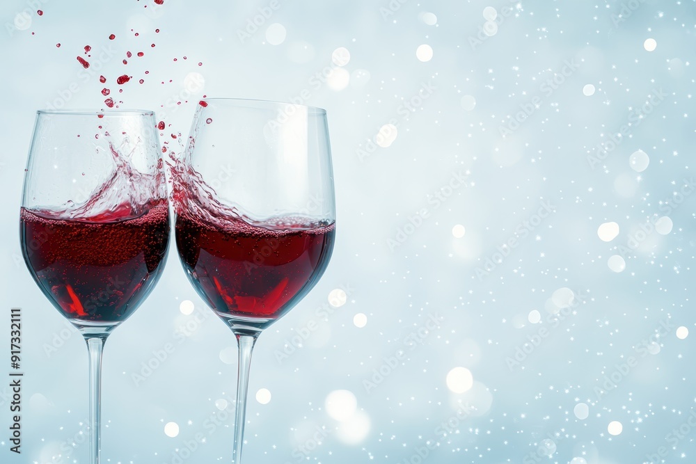 Two red wine glasses clinking together, with red wine splashing out, set against a light background with space for text. Two red wine glasses clinking together, with red wine splashing out, set against a light background with space for text.