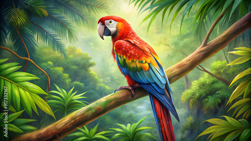 parrots perched jungle in a tree   Rainbow Parrot, bird, canvas art, art work, hand drawn, Vibrant Modern Oil Painting of a Rainbow Parrot: Hand-Drawn Colorful Canvas Art