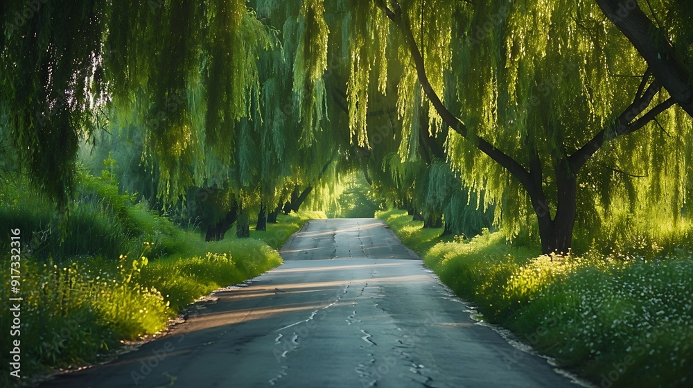 Fototapeta premium A picturesque drive with weeping willows arching over the road, their branches swaying gently in the breeze, the soft light of early evening creating a serene and inviting scene, natural look,