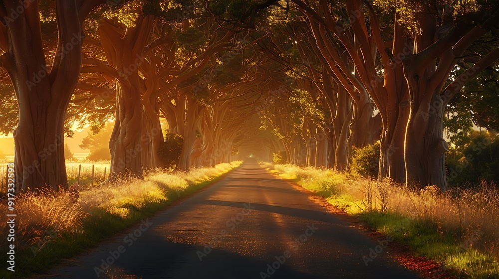 Fototapeta premium A picturesque sunset drive through a tunnel of ancient oak trees, the road illuminated by the golden glow of the setting sun, casting long shadows and dappled light, natural look, hd quality.