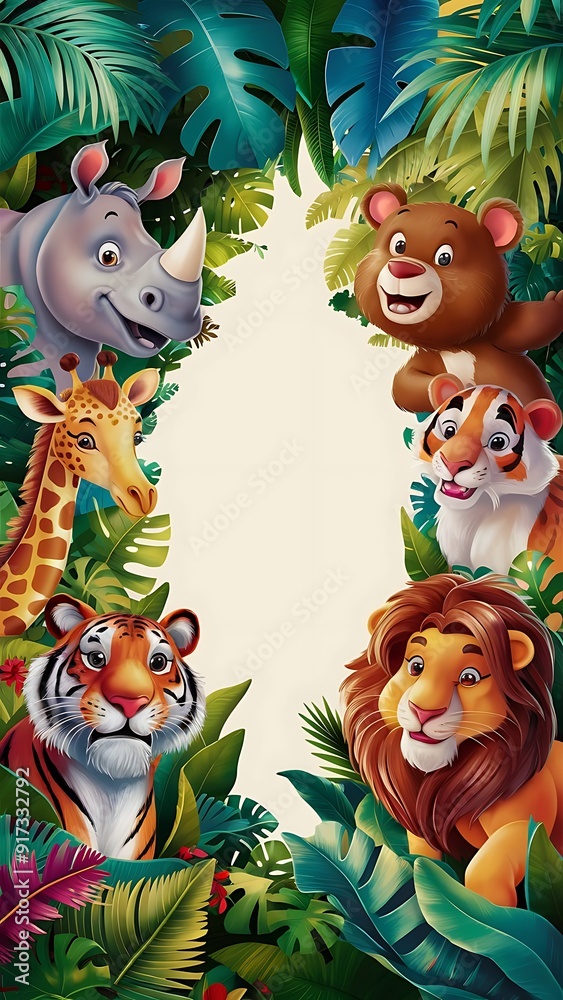 A framed picture of a jungle with animals and animals
