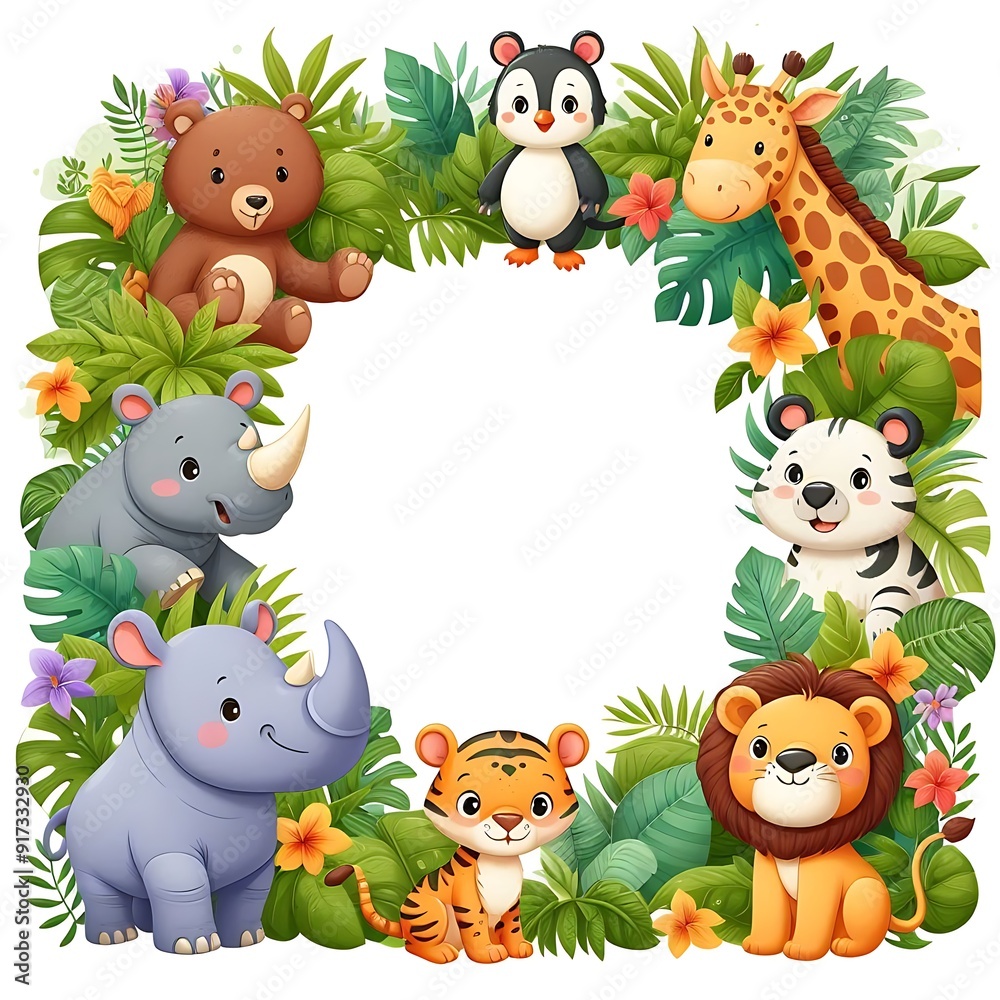 Naklejka premium A framed picture of a jungle with animals and animals