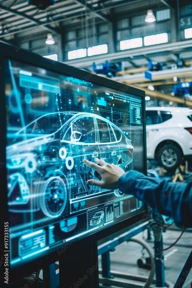 Engineers Collaborating on a Digital Whiteboard in an Advanced Automobile Factory Assembly Line Engineers Collaborating on a Digital Whiteboard in an Advanced Automobile Factory Assembly Line