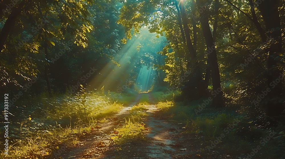 Fototapeta premium A romantic drive through a lightly forested area, the sunlight streaming through the leaves casting dappled shadows on the path, the gentle light creating a peaceful and enchanting atmosphere,