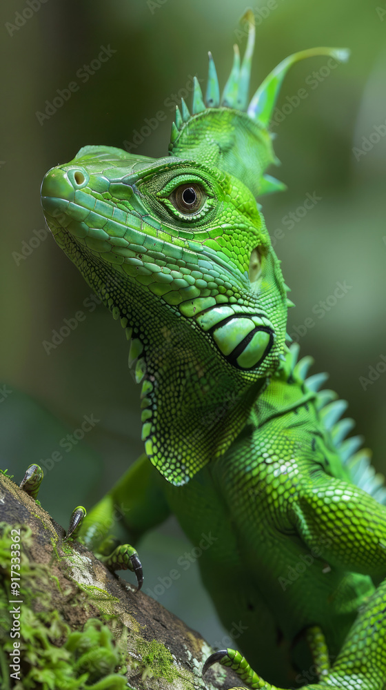 Vibrant green iguana close-up portrait in natural habitat Vibrant green iguana close-up portrait in natural habitat