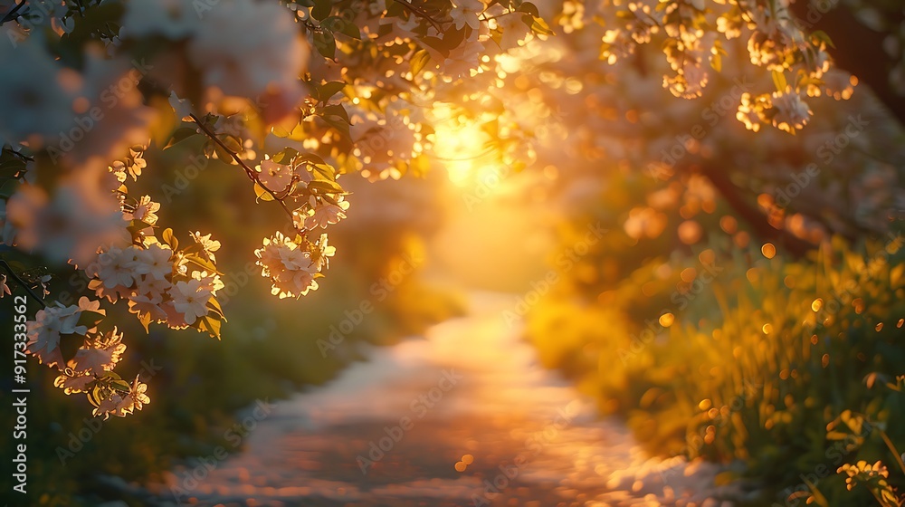 A romantic spring drive, the path flanked by blooming flowers and trees with fresh green leaves, the soft light of the setting sun casting a golden glow over the scene, natural look, hd quality. A romantic spring drive, the path flanked by blooming flowers and trees with fresh green leaves, the soft light of the setting sun casting a golden glow over the scene, natural look, hd quality.