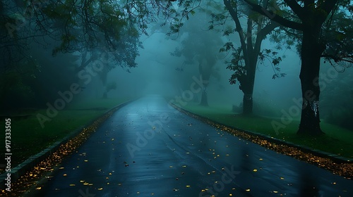 A romantic misty morning drive, the path enveloped in fog, dew-covered leaves sparkling in the dawn light, the soft light creating a peaceful and enchanting scene, natural look, hd quality. photo