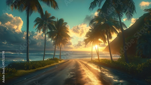 A serene coastal drive with tall palm trees lining the path, the turquoise ocean visible through the branches, the warm light of the golden hour enhancing the tropical ambiance, natural look,