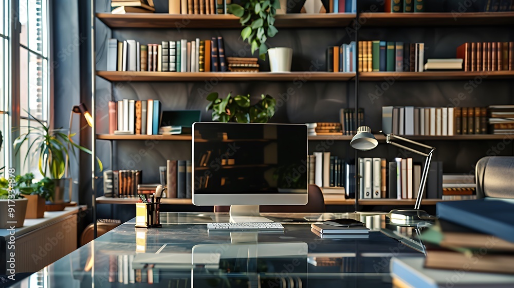 Fototapeta premium An elegant workspace with a glass desk, high-end computer setup, and a modern bookshelf filled with business literature.