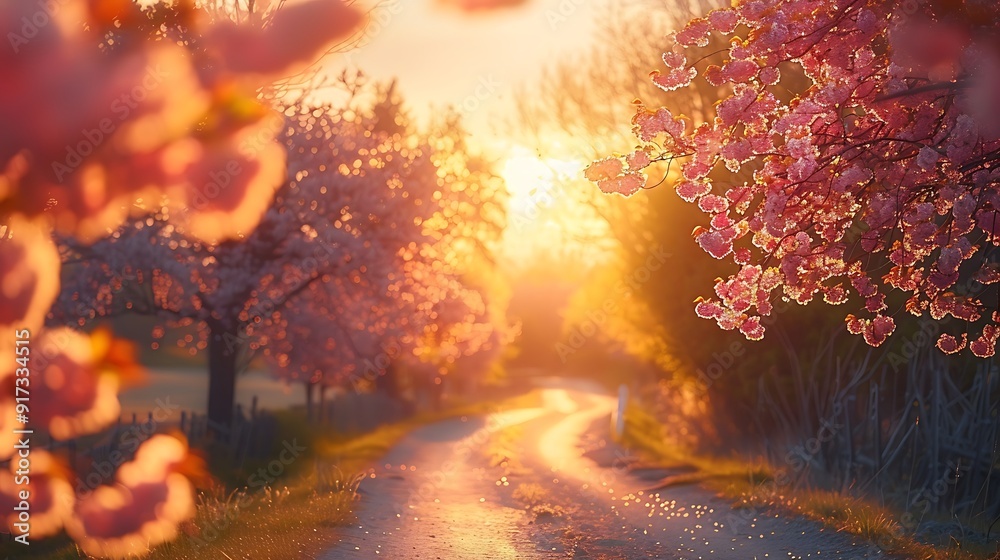 A serene drive through a spring landscape, vibrant flowers blooming on either side, trees in early bloom, the gentle light of dawn creating a magical and inviting atmosphere, natural look, hd quality. A serene drive through a spring landscape, vibrant flowers blooming on either side, trees in early bloom, the gentle light of dawn creating a magical and inviting atmosphere, natural look, hd quality.