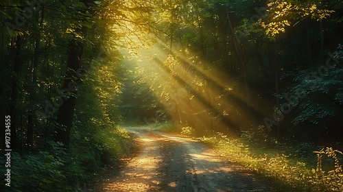 A serene drive through a sun-dappled forest, the light streaming through the leaves creating a beautiful play of light and shadow on the road, the soft glow enhancing the tranquil and inviting scene,