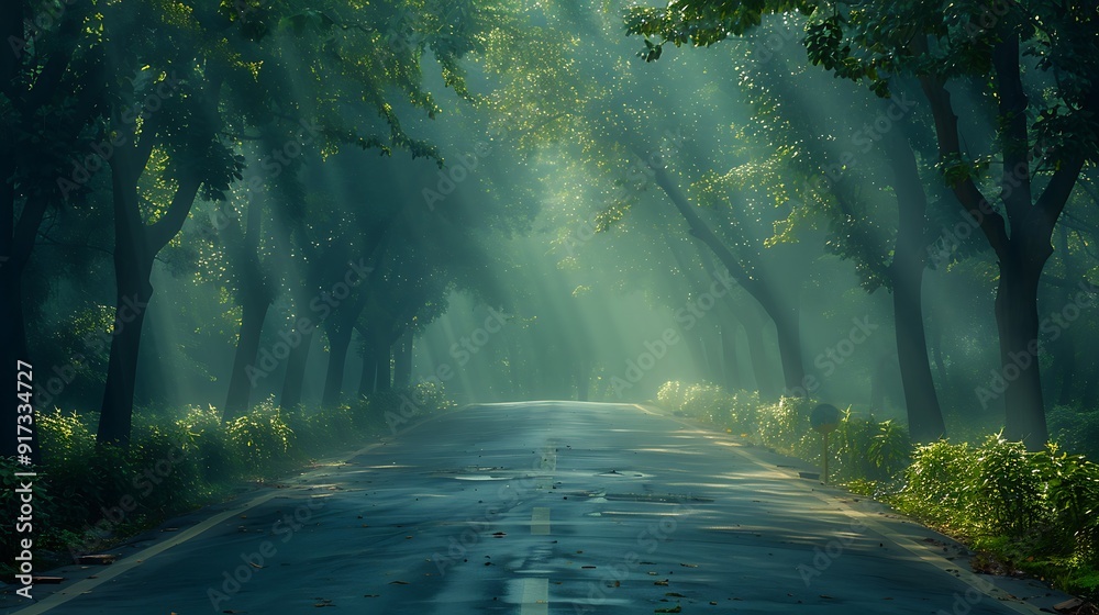 A serene misty morning drive, the road flanked by trees dripping with dew, the fog creating an otherworldly ambiance, the soft light of the rising sun gently illuminating the scene, natural look, A serene misty morning drive, the road flanked by trees dripping with dew, the fog creating an otherworldly ambiance, the soft light of the rising sun gently illuminating the scene, natural look,