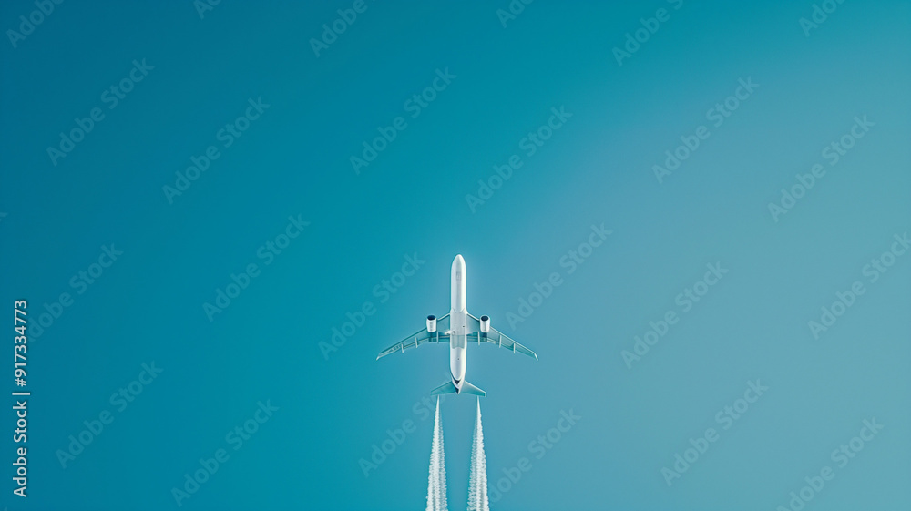 A commercial airplane soaring through a clear blue sky  capturing the vast expanse and freedom of the air