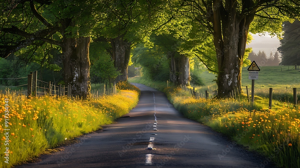 A tranquil countryside drive, the road lined with rustic trees and vibrant wildflowers, the gentle light of early morning creating a peaceful and inviting scene, natural look, hd quality. A tranquil countryside drive, the road lined with rustic trees and vibrant wildflowers, the gentle light of early morning creating a peaceful and inviting scene, natural look, hd quality.